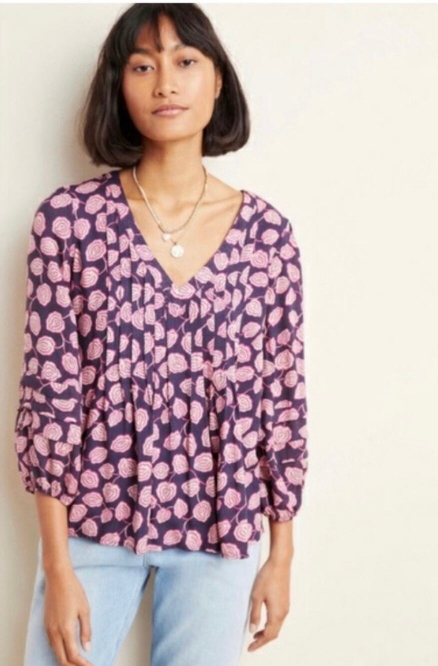Maeve Cathy Pleated V Neck Top Small Floral Rosebud Purple Pink Peasant Cottage